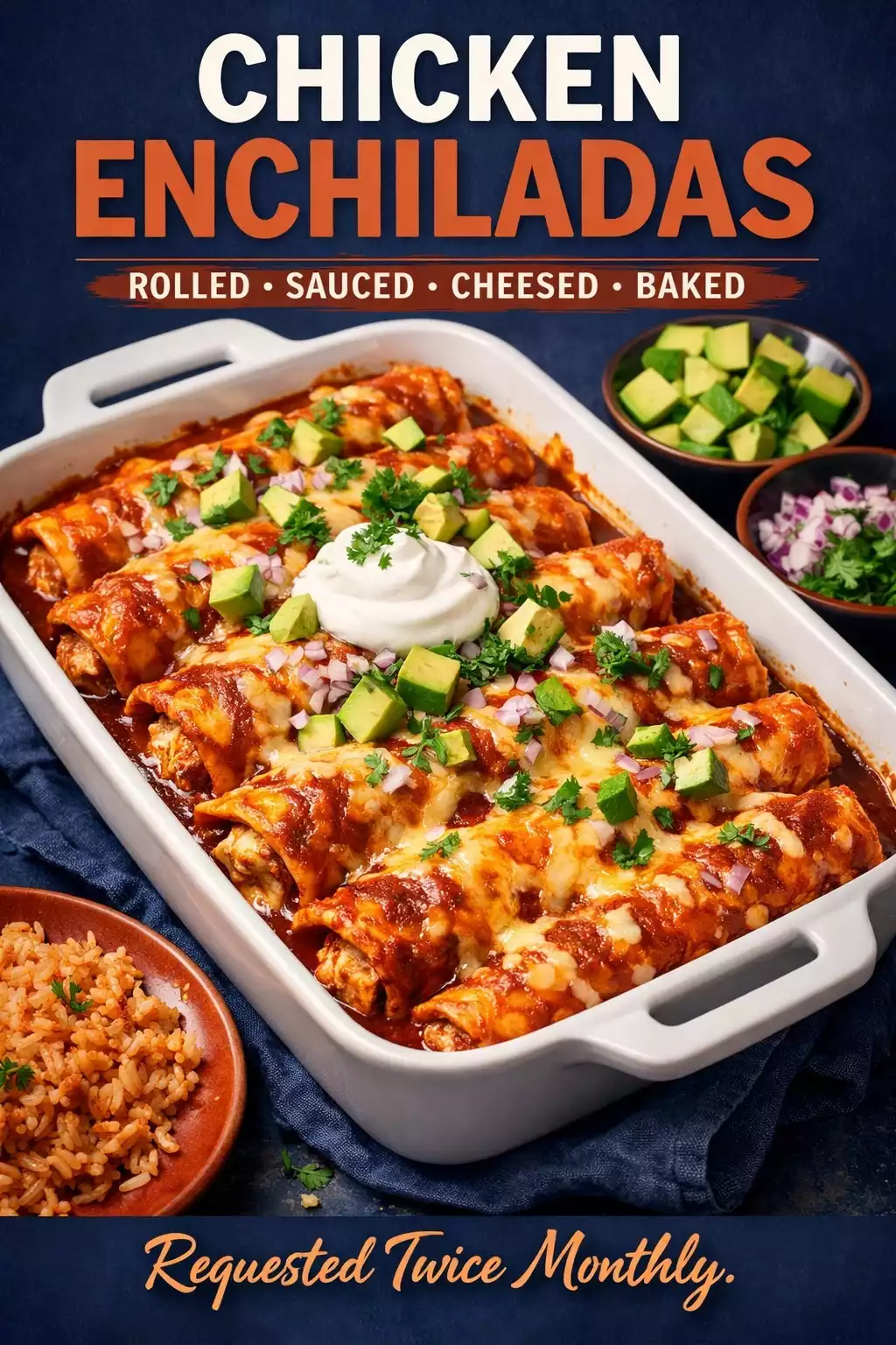 Chicken Enchiladas — Rolled, Sauced, Cheesed, Baked, Requested Twice Monthly