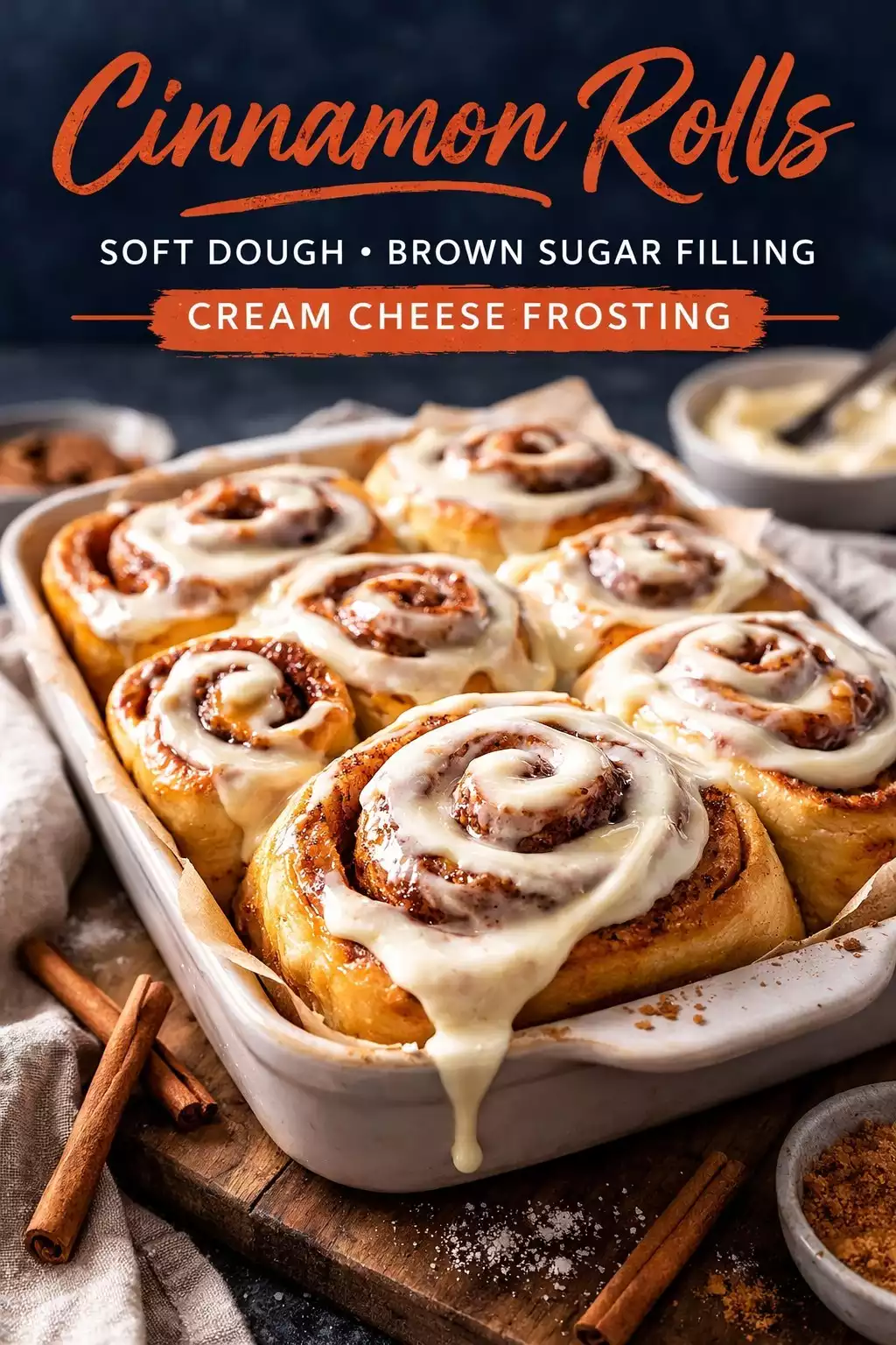 Cinnamon Rolls — Soft Dough, Brown Sugar Filling, Cream Cheese Frosting