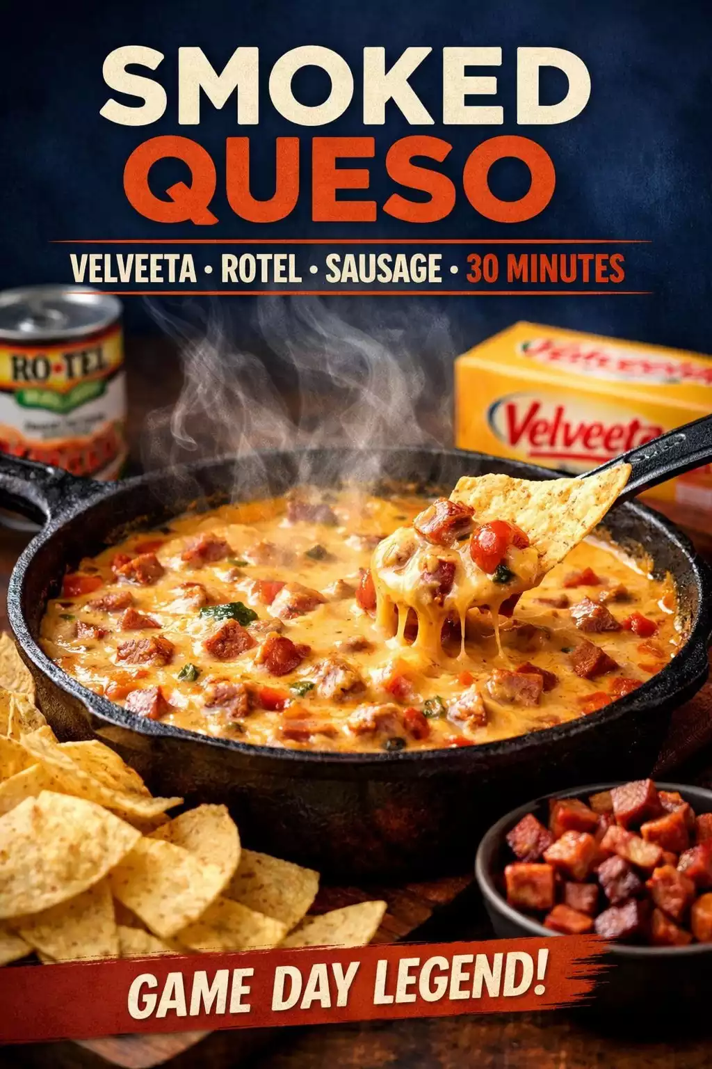 Smoked Queso — Velveeta, Rotel, Sausage, 30 Minutes, Game Day Legend