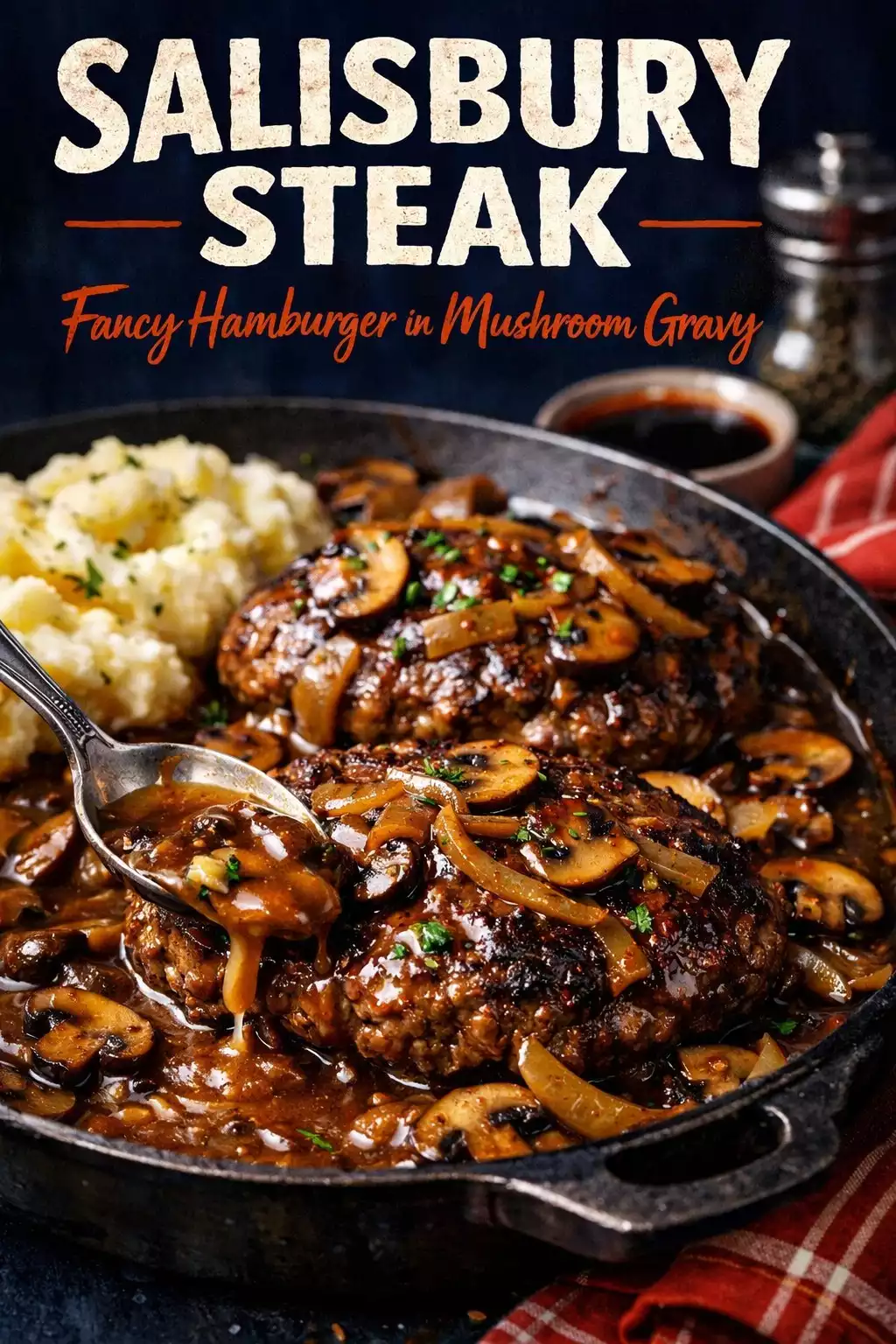 Salisbury Steak — Fancy Hamburger in Mushroom Gravy. Outstanding.