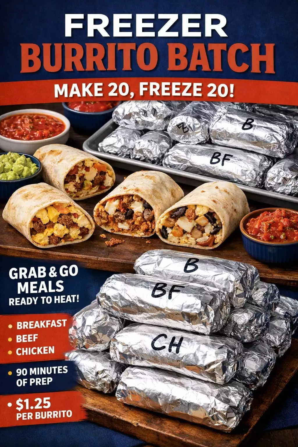 Freezer Burrito Batch — Make 20, Freeze 20